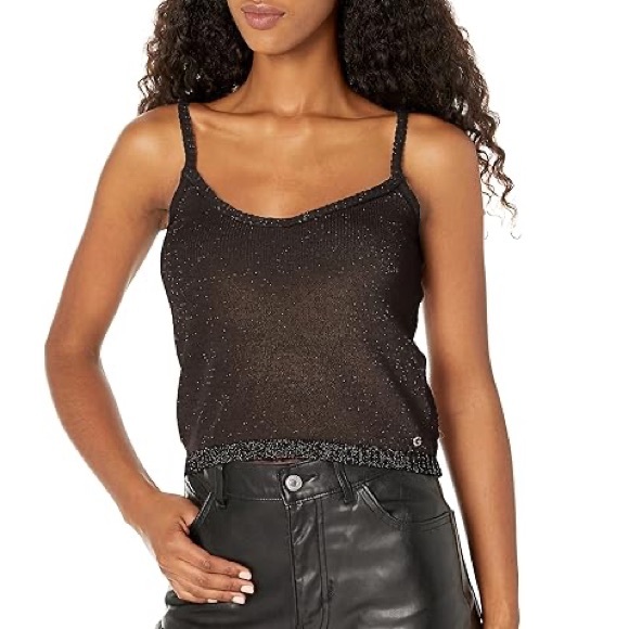GUESS NWT Black Anne Sweater Braided Strap Tank with Shimmering Metallic Fibers - Picture 1 of 8